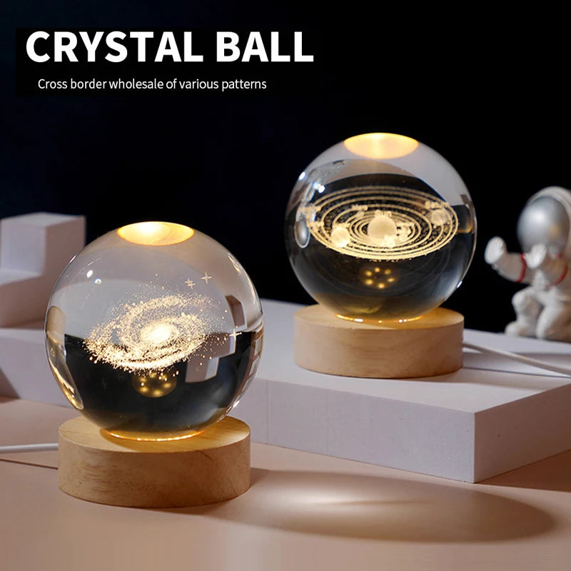 Milky Way Galaxy Crystal Ball Night Light – Solar System LED Lamp with Wooden Base (Warm Glow, Gift-Ready Design)