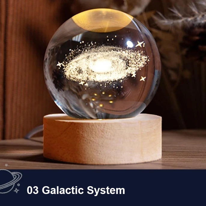 Milky Way Galaxy Crystal Ball Night Light – Solar System LED Lamp with Wooden Base (Warm Glow, Gift-Ready Design)