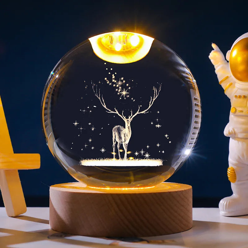 Milky Way Galaxy Crystal Ball Night Light – Solar System LED Lamp with Wooden Base (Warm Glow, Gift-Ready Design)