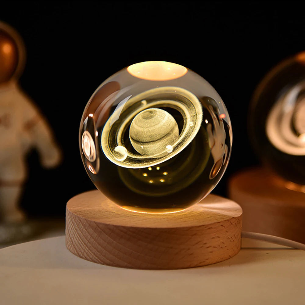 Milky Way Galaxy Crystal Ball Night Light – Solar System LED Lamp with Wooden Base (Warm Glow, Gift-Ready Design)