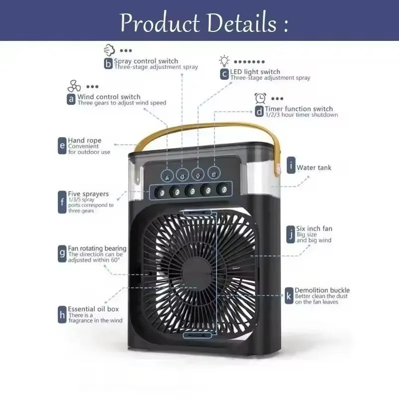 3-in-1 Portable Air Cooler, Humidifier & Fan – USB Mini AC with LED Light for Home, Office or Camping
