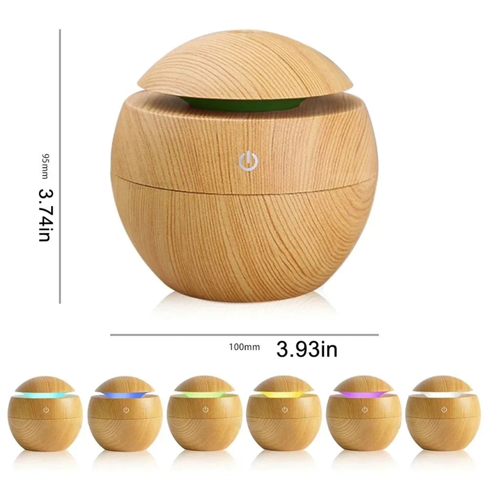 Humidificador & Difusor de Aromas Ultrassónico – Efeito Madeira, Luz LED Colorida e Operação Silenciosa
