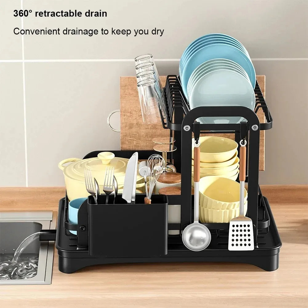 2-Tier Dish Drying Rack with Drainboard & Utensil Holder – Expandable Drainage System for Clean, Organised Kitchens