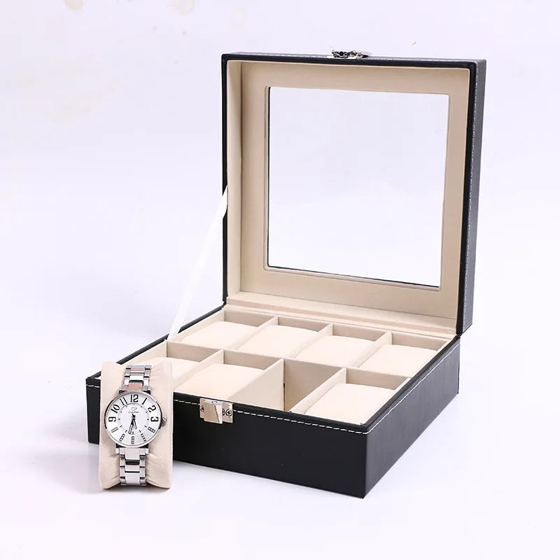 DELESYS PU Leather Watch Storage Box – Traditional Style Case with Glass Display, Lock & Velvet Interior (2–12 Slots)