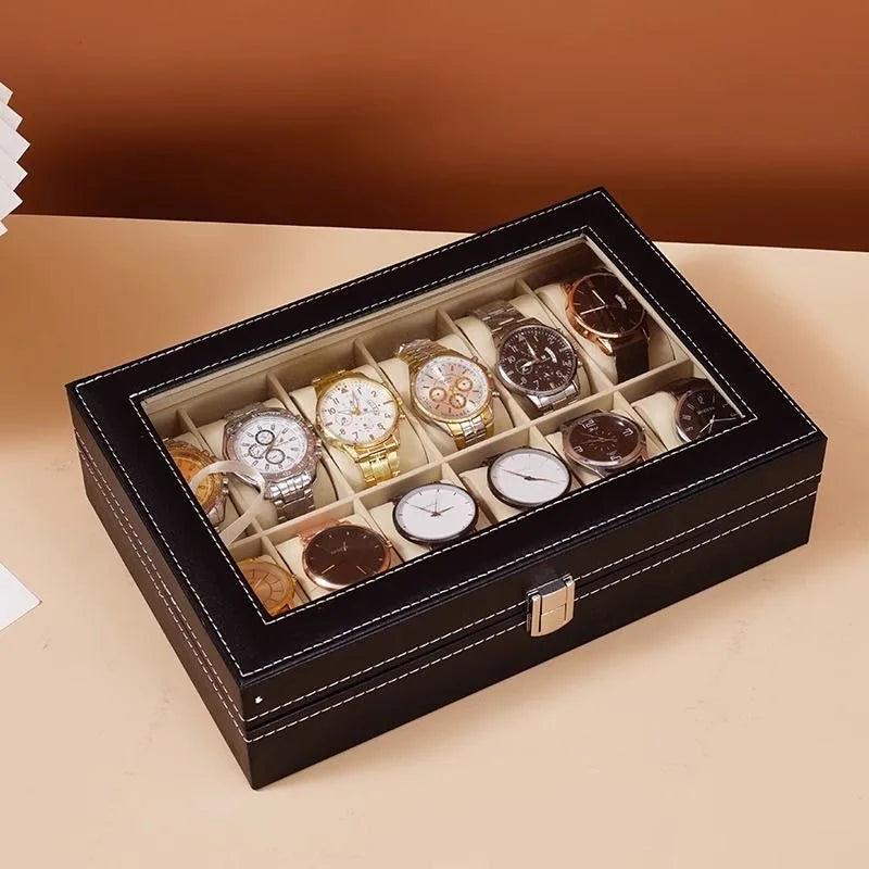 DELESYS PU Leather Watch Storage Box – Traditional Style Case with Glass Display, Lock & Velvet Interior (2–12 Slots)