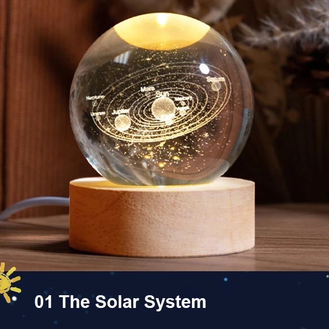 Milky Way Galaxy Crystal Ball Night Light – Solar System LED Lamp with Wooden Base (Warm Glow, Gift-Ready Design)