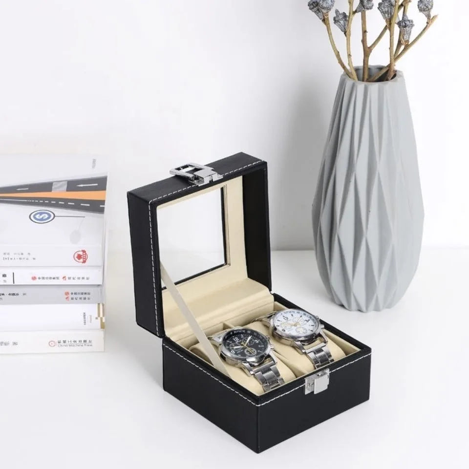DELESYS PU Leather Watch Storage Box – Traditional Style Case with Glass Display, Lock & Velvet Interior (2–12 Slots)