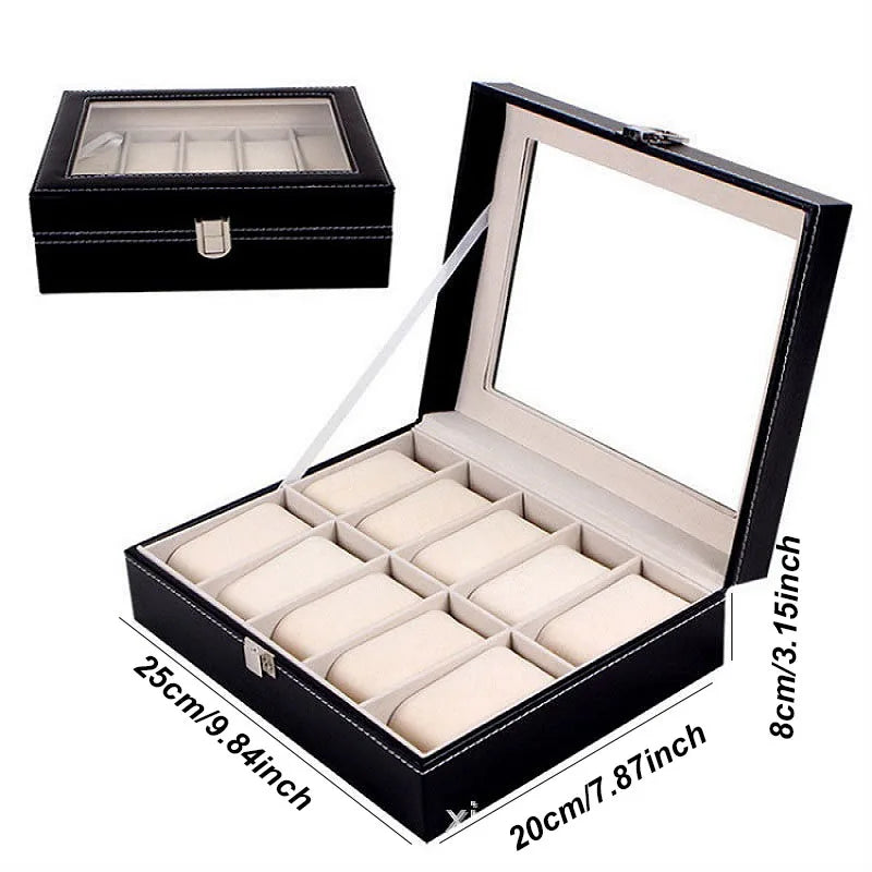 DELESYS PU Leather Watch Storage Box – Traditional Style Case with Glass Display, Lock & Velvet Interior (2–12 Slots)