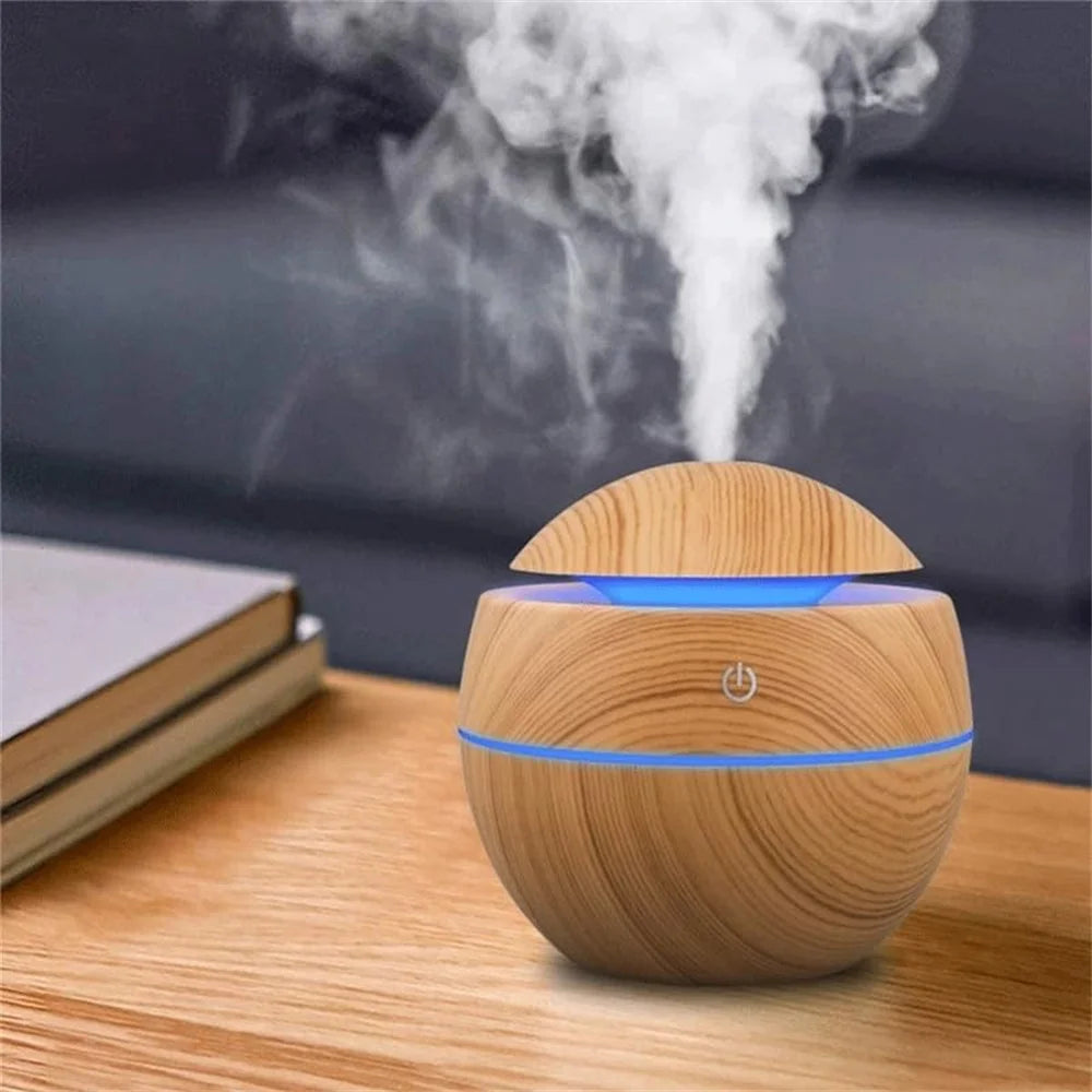 Humidificador & Difusor de Aromas Ultrassónico – Efeito Madeira, Luz LED Colorida e Operação Silenciosa