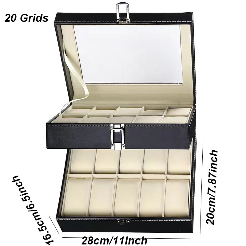DELESYS PU Leather Watch Storage Box – Traditional Style Case with Glass Display, Lock & Velvet Interior (2–12 Slots)