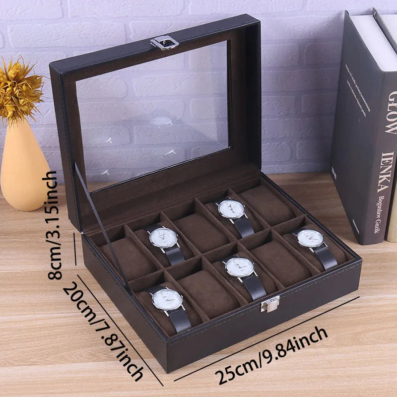 DELESYS PU Leather Watch Storage Box – Traditional Style Case with Glass Display, Lock & Velvet Interior (2–12 Slots)