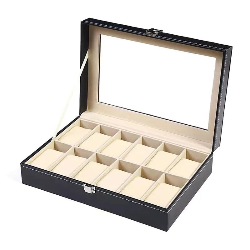 DELESYS PU Leather Watch Storage Box – Traditional Style Case with Glass Display, Lock & Velvet Interior (2–12 Slots)