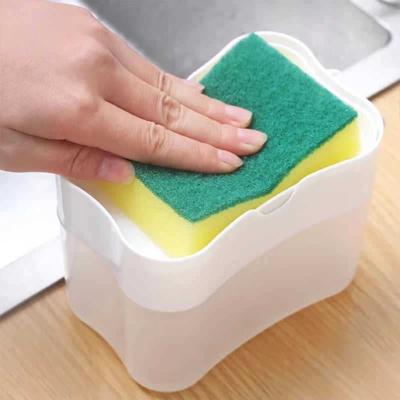 2-in-1 Liquid Soap Dispenser with Sponge – Press-Type Pump for Kitchen or Bathroom Use