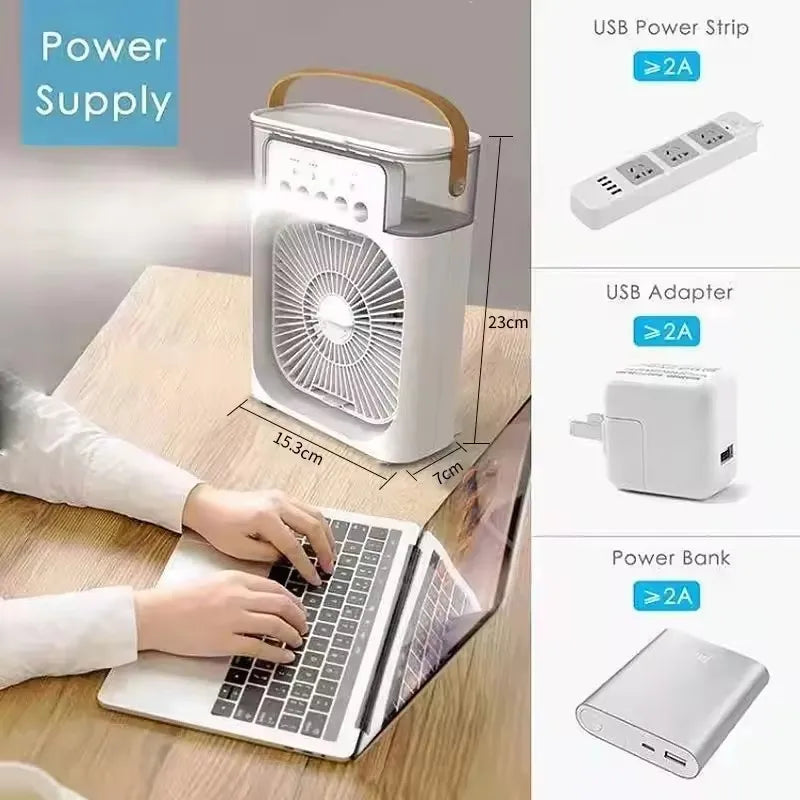 3-in-1 Portable Air Cooler, Humidifier & Fan – USB Mini AC with LED Light for Home, Office or Camping