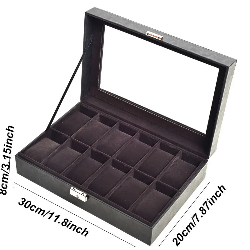 DELESYS PU Leather Watch Storage Box – Traditional Style Case with Glass Display, Lock & Velvet Interior (2–12 Slots)