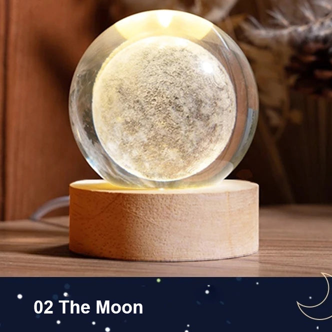 Milky Way Galaxy Crystal Ball Night Light – Solar System LED Lamp with Wooden Base (Warm Glow, Gift-Ready Design)