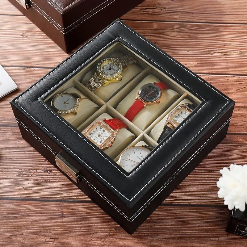 DELESYS PU Leather Watch Storage Box – Traditional Style Case with Glass Display, Lock & Velvet Interior (2–12 Slots)
