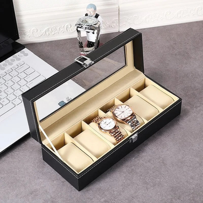 DELESYS PU Leather Watch Storage Box – Traditional Style Case with Glass Display, Lock & Velvet Interior (2–12 Slots)