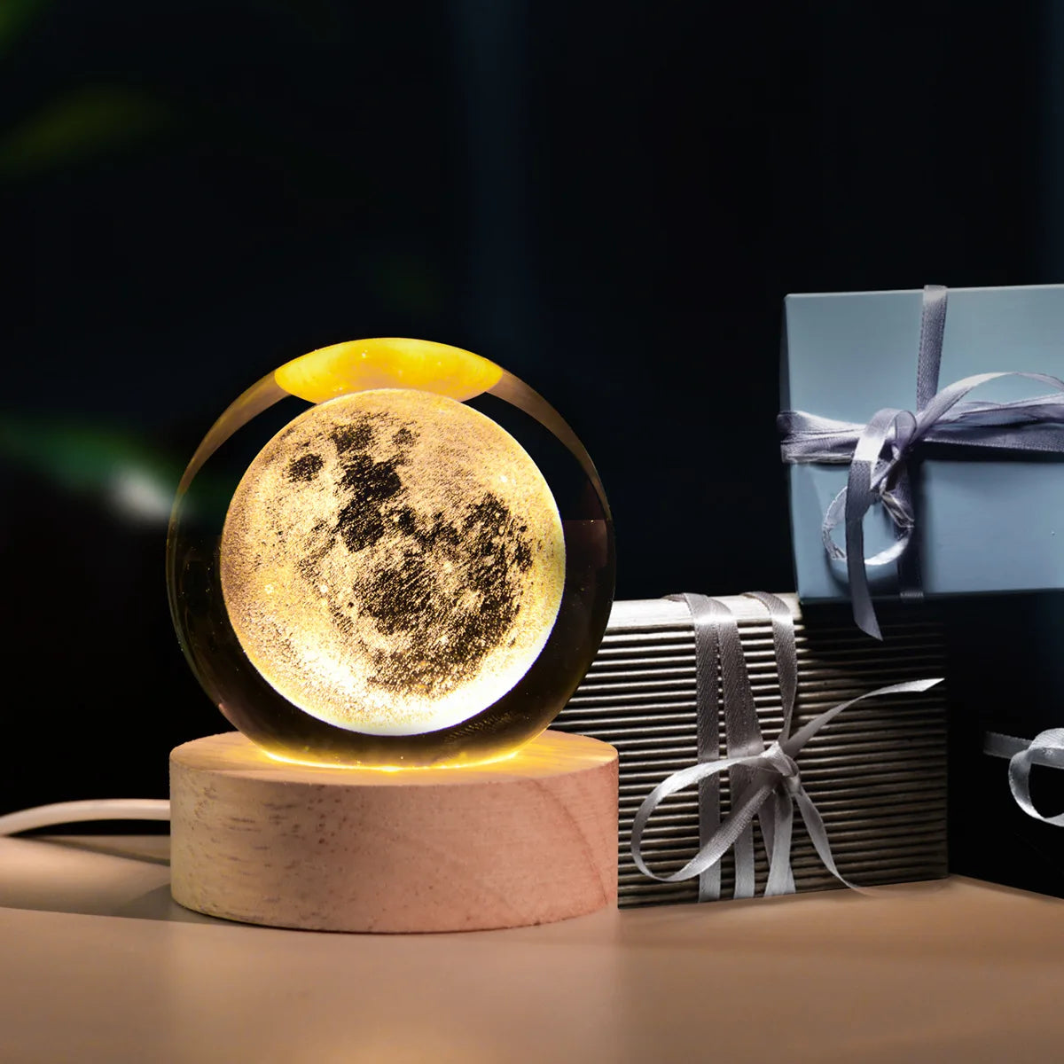 Milky Way Galaxy Crystal Ball Night Light – Solar System LED Lamp with Wooden Base (Warm Glow, Gift-Ready Design)
