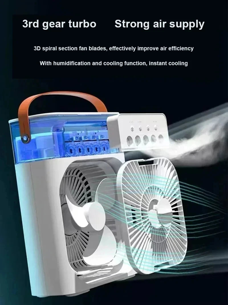 3-in-1 Portable Air Cooler, Humidifier & Fan – USB Mini AC with LED Light for Home, Office or Camping