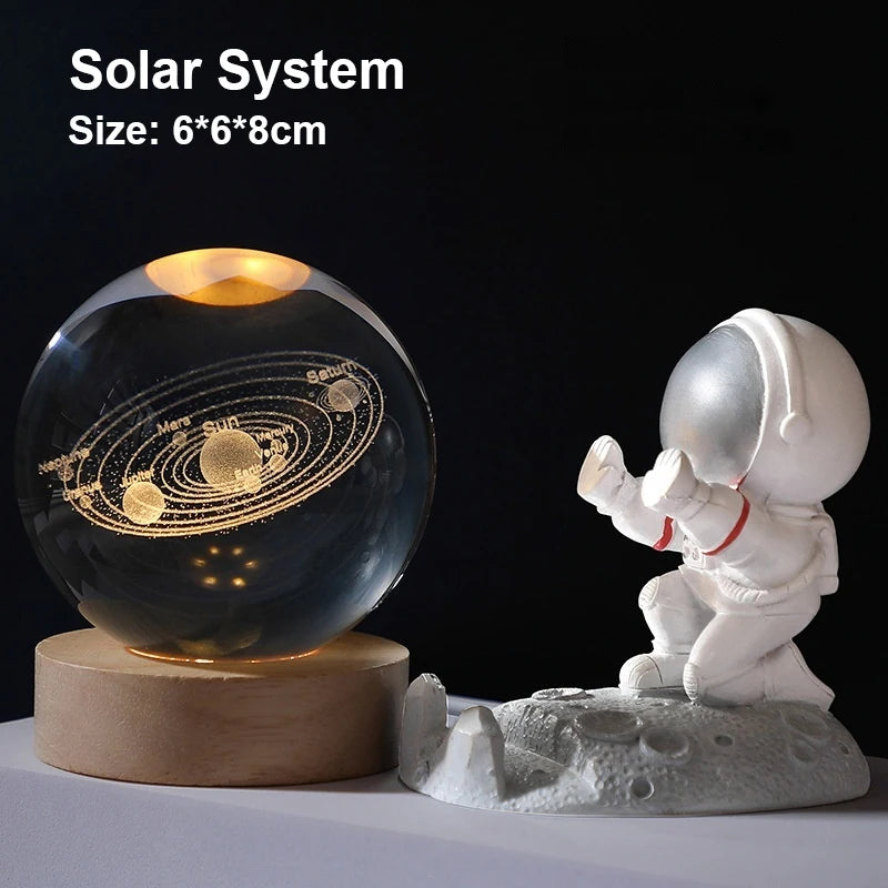 Milky Way Galaxy Crystal Ball Night Light – Solar System LED Lamp with Wooden Base (Warm Glow, Gift-Ready Design)