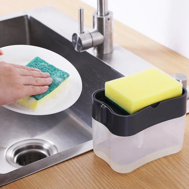2-in-1 Liquid Soap Dispenser with Sponge – Press-Type Pump for Kitchen or Bathroom Use