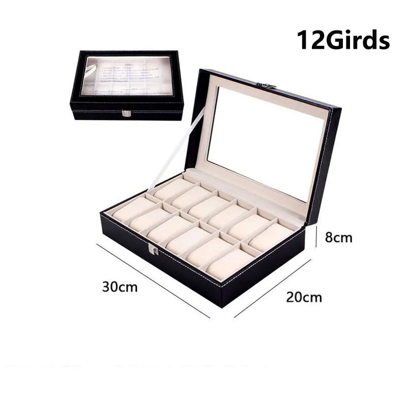 DELESYS PU Leather Watch Storage Box – Traditional Style Case with Glass Display, Lock & Velvet Interior (2–12 Slots)