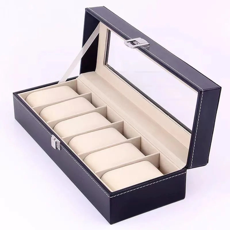 DELESYS PU Leather Watch Storage Box – Traditional Style Case with Glass Display, Lock & Velvet Interior (2–12 Slots)