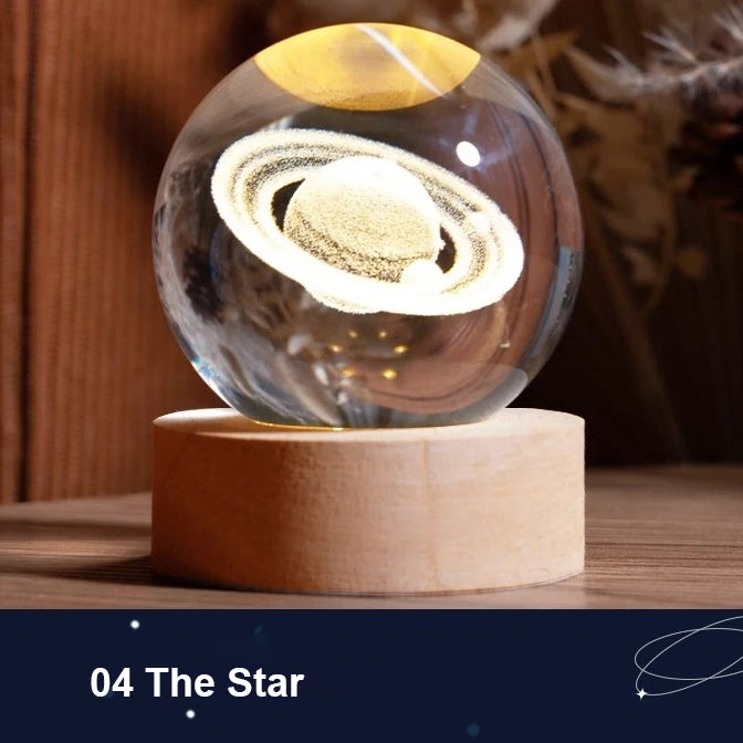 Milky Way Galaxy Crystal Ball Night Light – Solar System LED Lamp with Wooden Base (Warm Glow, Gift-Ready Design)