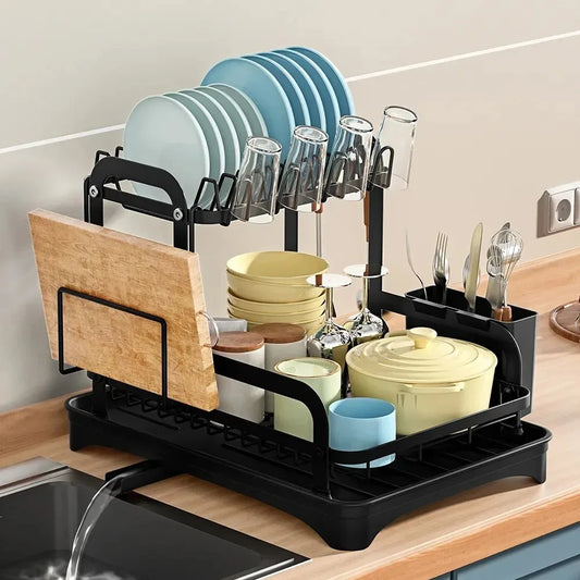 2-Tier Dish Drying Rack with Drainboard & Utensil Holder – Expandable Drainage System for Clean, Organised Kitchens
