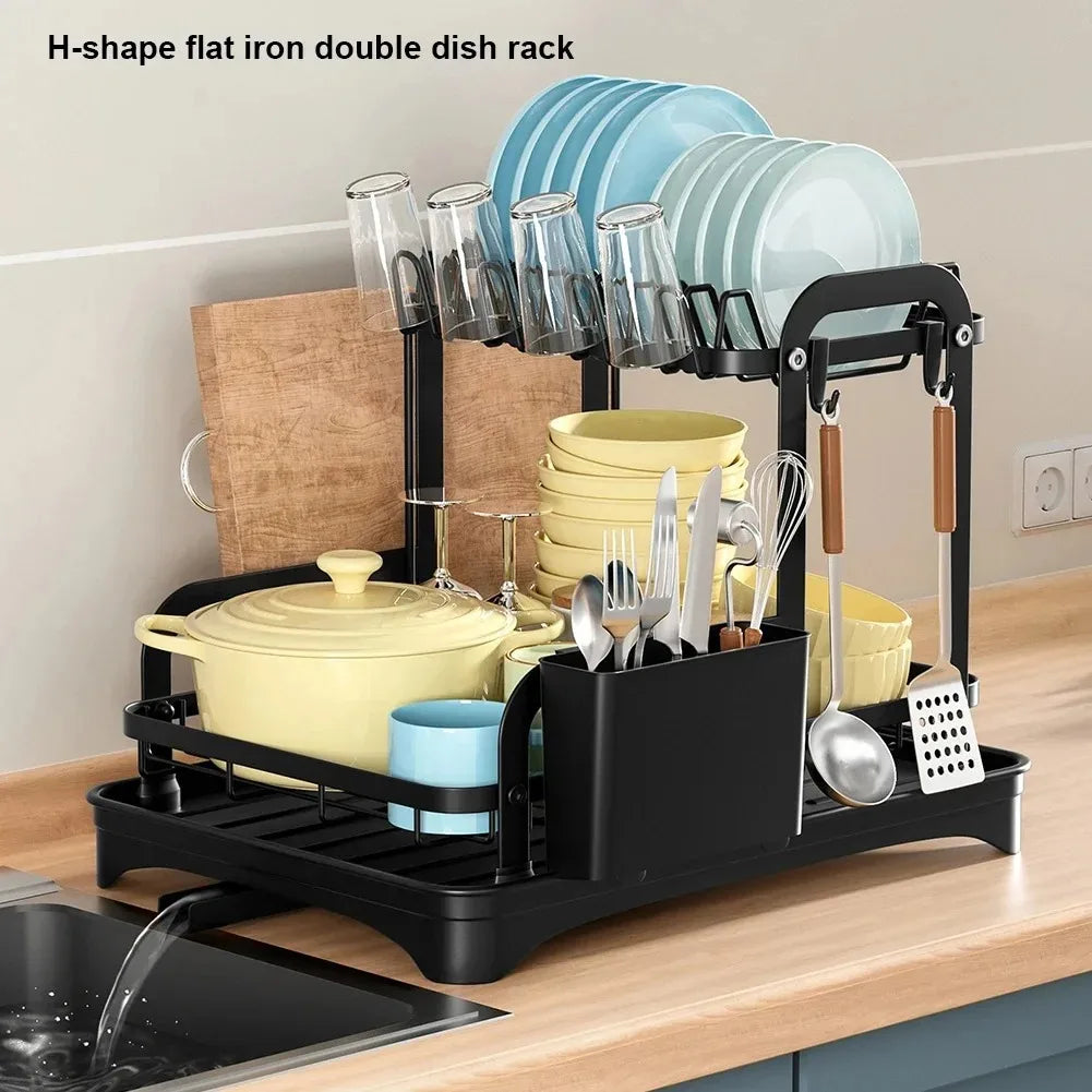 2-Tier Dish Drying Rack with Drainboard & Utensil Holder – Expandable Drainage System for Clean, Organised Kitchens