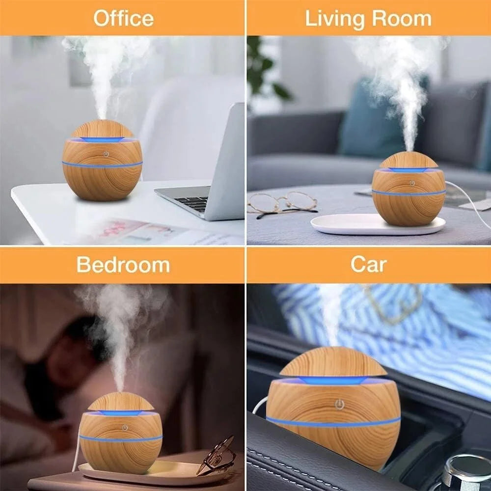 Humidificador & Difusor de Aromas Ultrassónico – Efeito Madeira, Luz LED Colorida e Operação Silenciosa