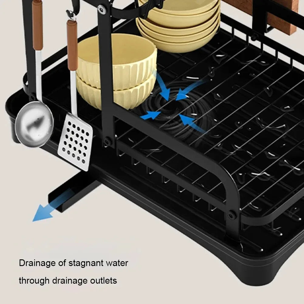 2-Tier Dish Drying Rack with Drainboard & Utensil Holder – Expandable Drainage System for Clean, Organised Kitchens