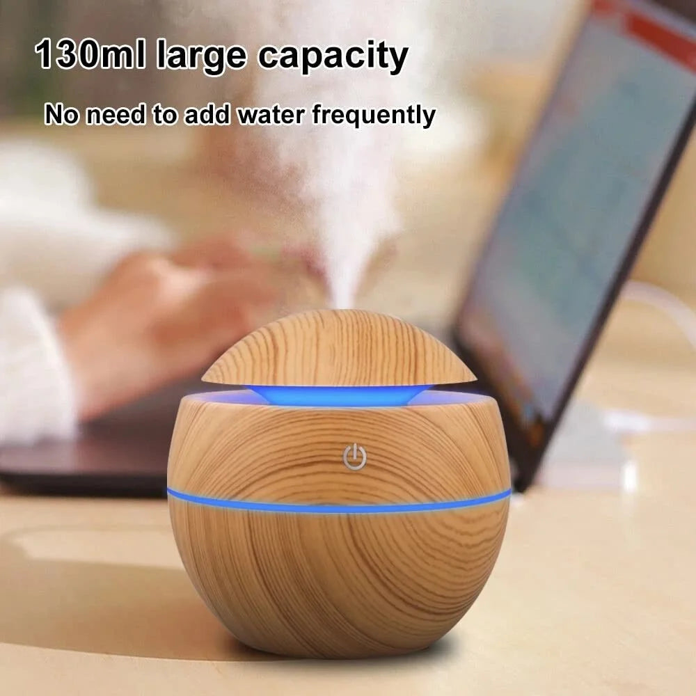 Humidificador & Difusor de Aromas Ultrassónico – Efeito Madeira, Luz LED Colorida e Operação Silenciosa