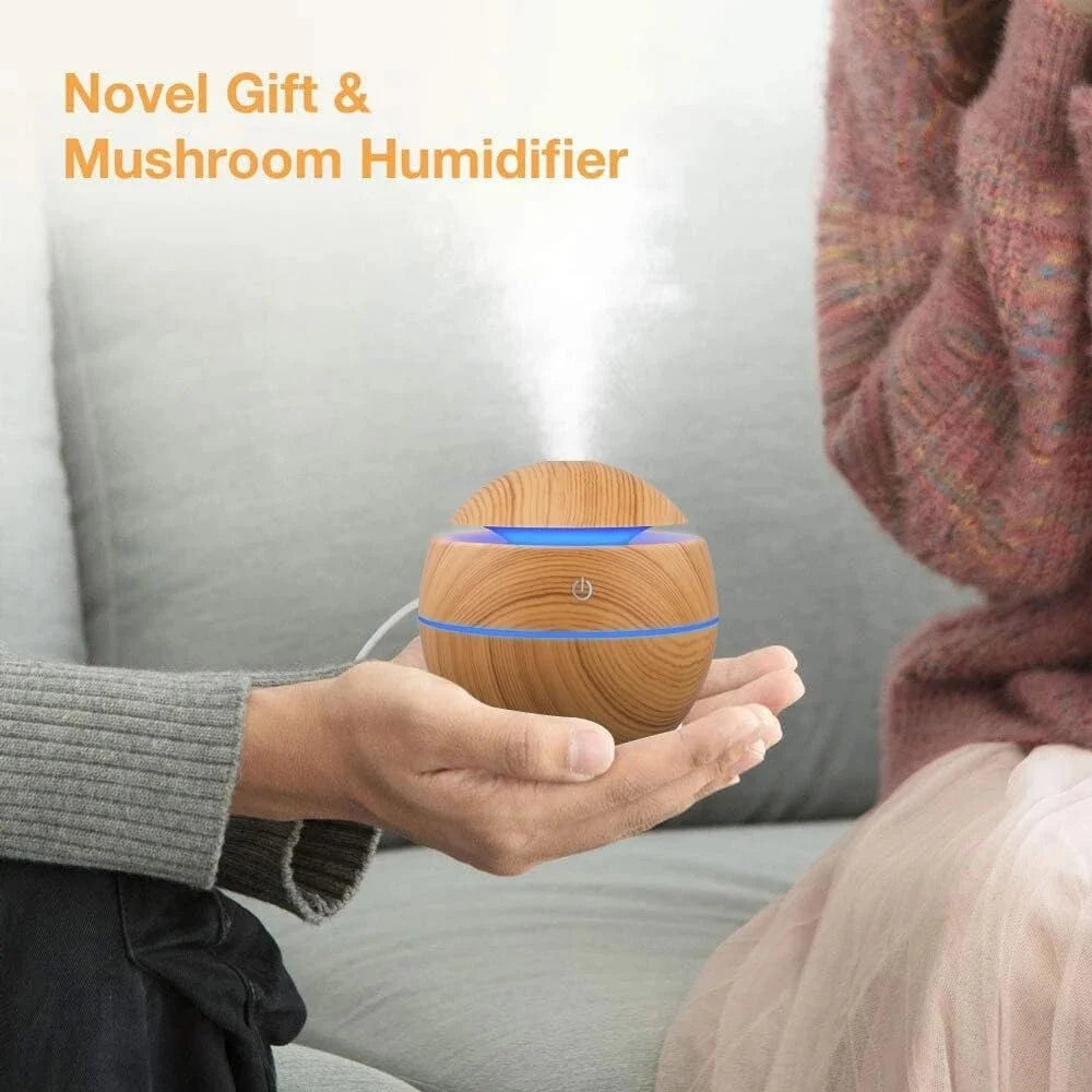 Humidificador & Difusor de Aromas Ultrassónico – Efeito Madeira, Luz LED Colorida e Operação Silenciosa