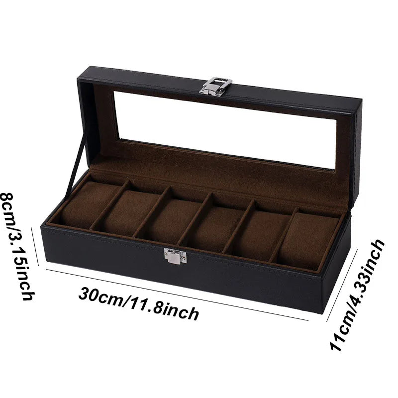 DELESYS PU Leather Watch Storage Box – Traditional Style Case with Glass Display, Lock & Velvet Interior (2–12 Slots)