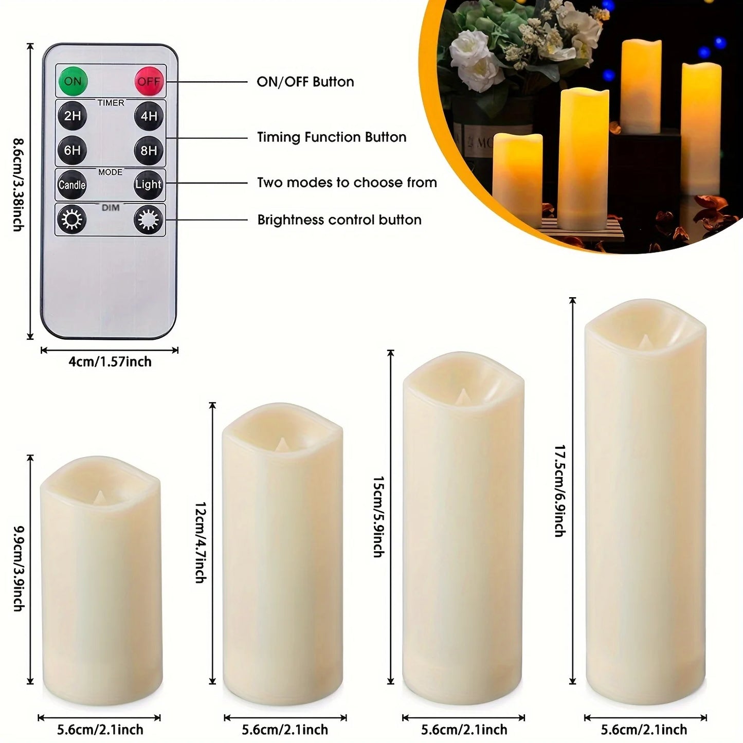 4/10PCS Flameless LED Candles with Remote – Timer Function (2/4/6/8H), Waterproof & Battery Operated – Indoor/Outdoor
