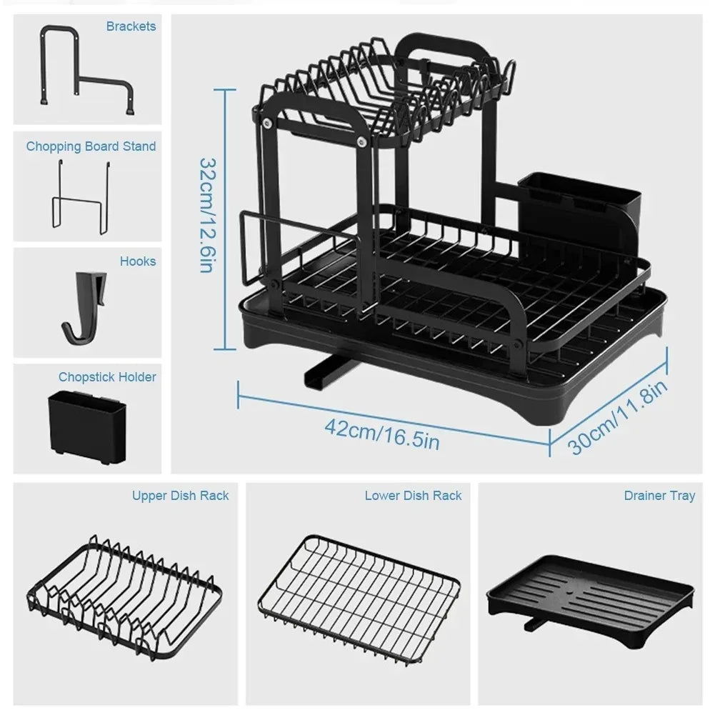 2-Tier Dish Drying Rack with Drainboard & Utensil Holder – Expandable Drainage System for Clean, Organised Kitchens